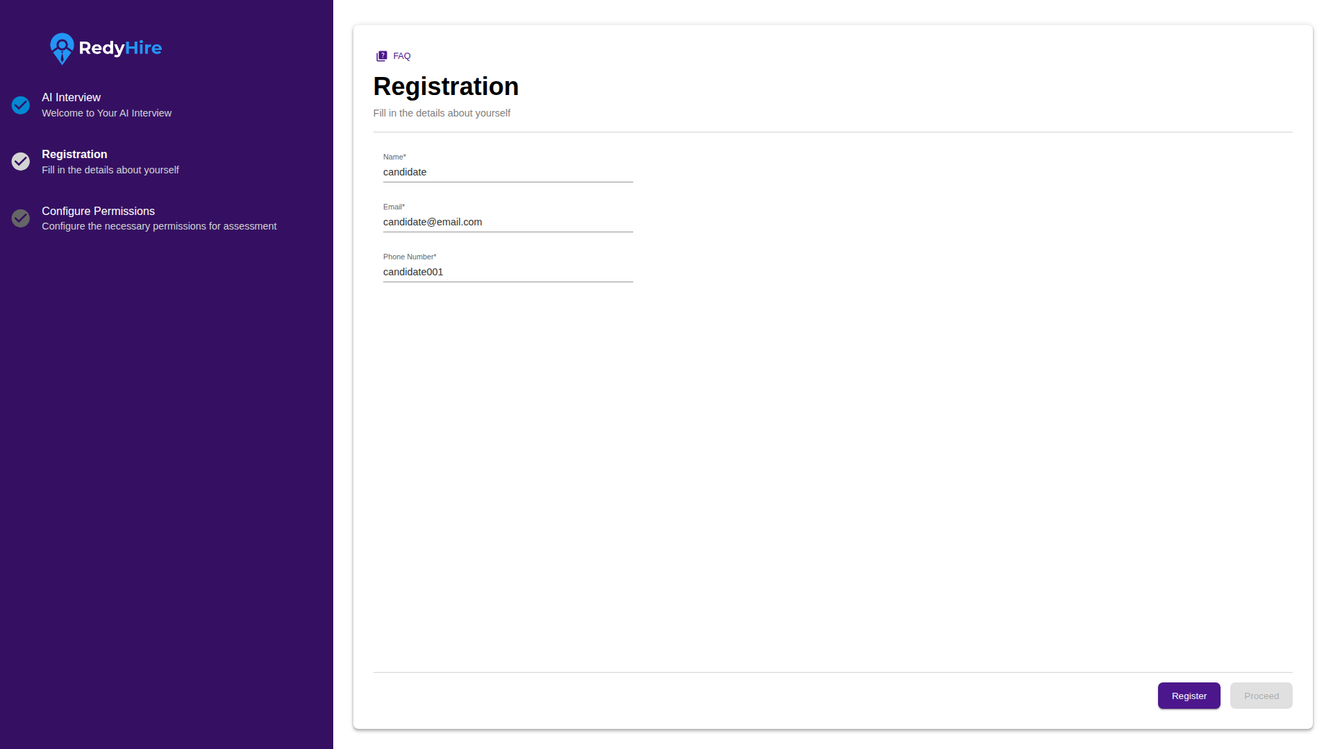 AI interview registration screen showing fields for name, email, and phone number.