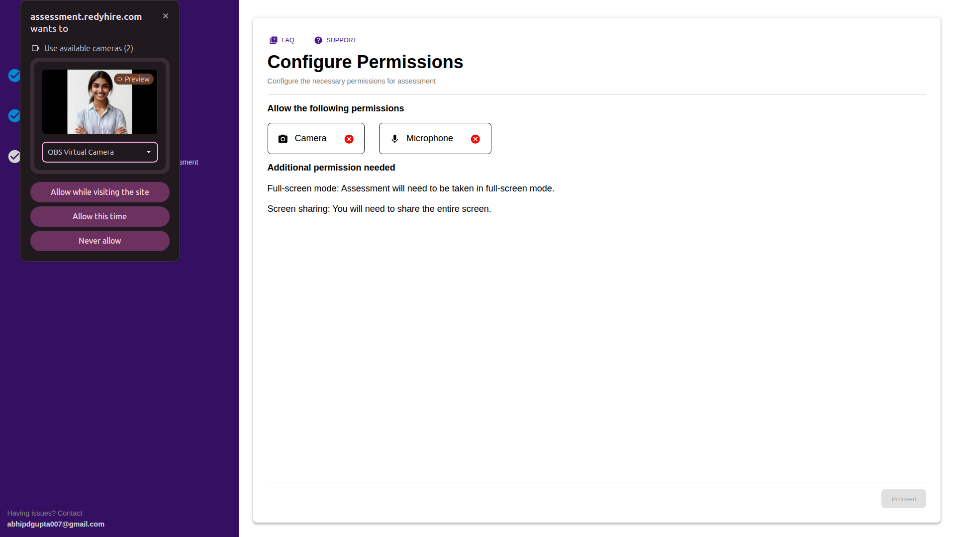 Configure permissions screen with a browser prompt asking for camera access and microphone access.