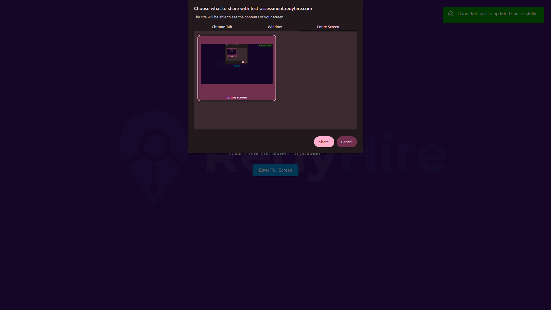 Browser screen sharing dialog with Entire Screen selected, the full-screen preview highlighted, and the Share button visible.