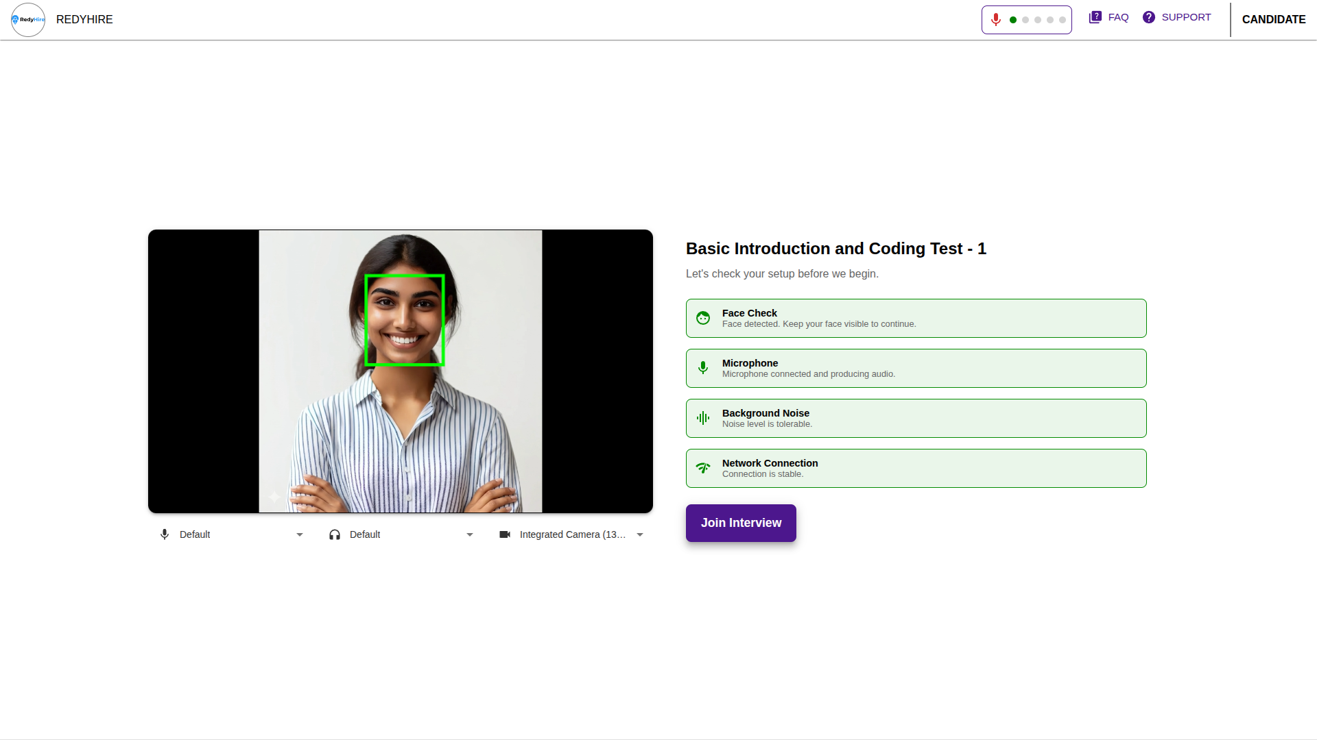 AI interview setup check screen showing a face check, microphone, background noise, and network status with a Join Interview button.