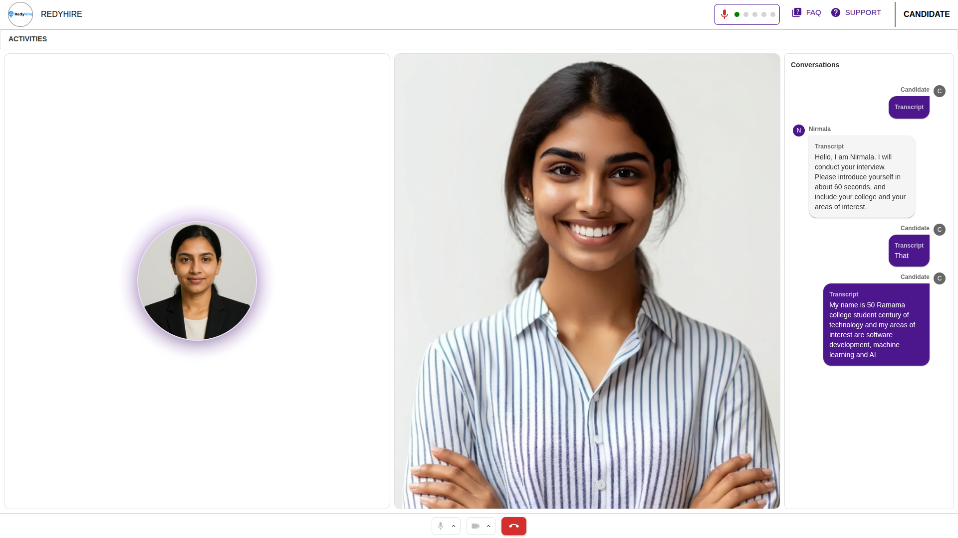 Live AI interview screen showing the interviewer video, candidate video, and transcript conversation.