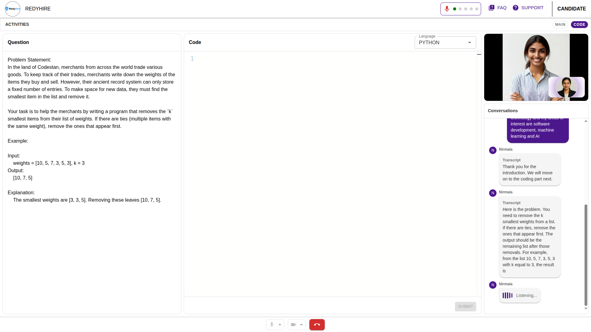 AI interview coding screen with the problem statement on the left, code editor in the center, and transcript panel on the right.