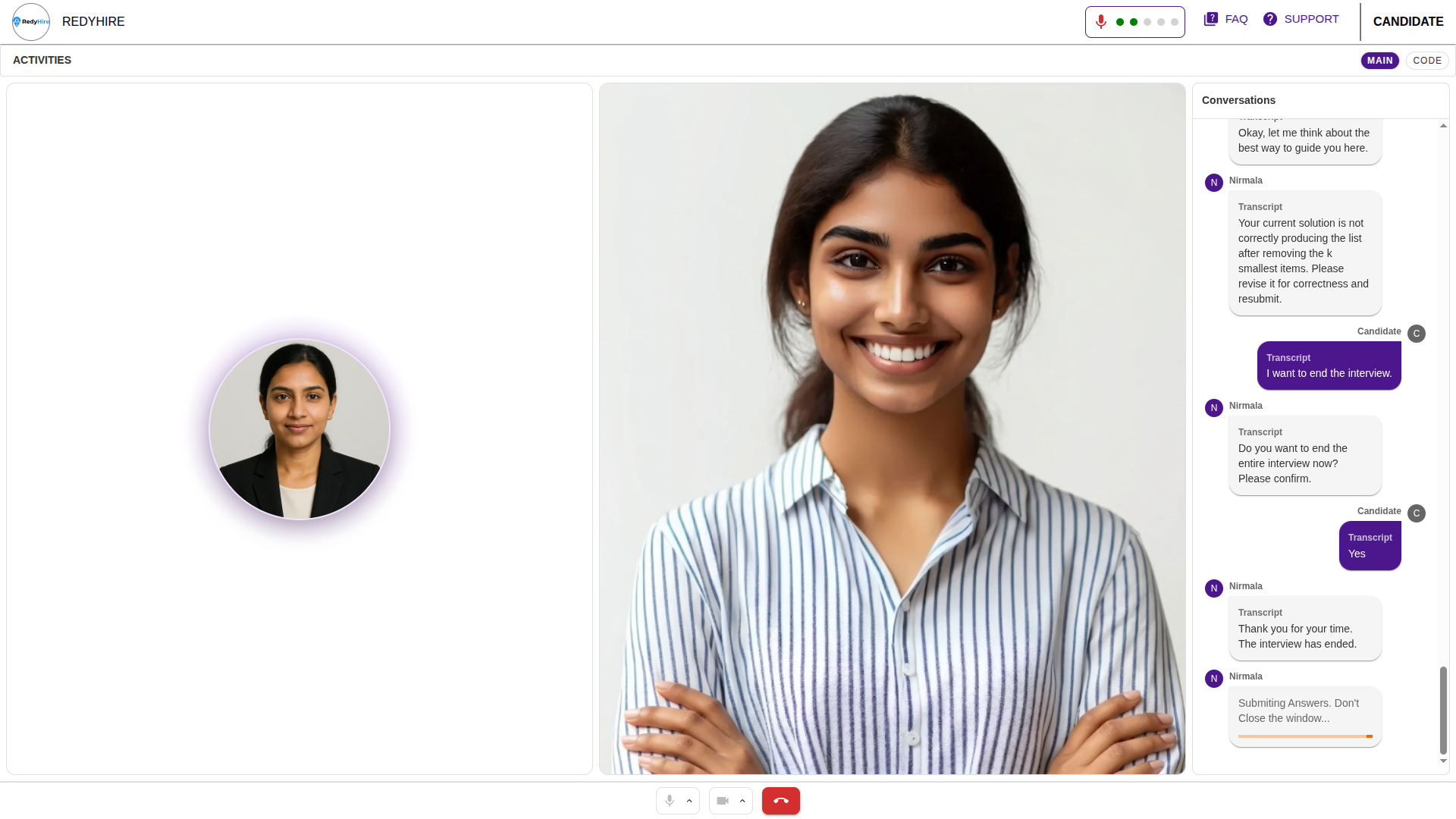 AI interview screen showing transcript feedback about an incorrect solution and a confirmation to end the interview.