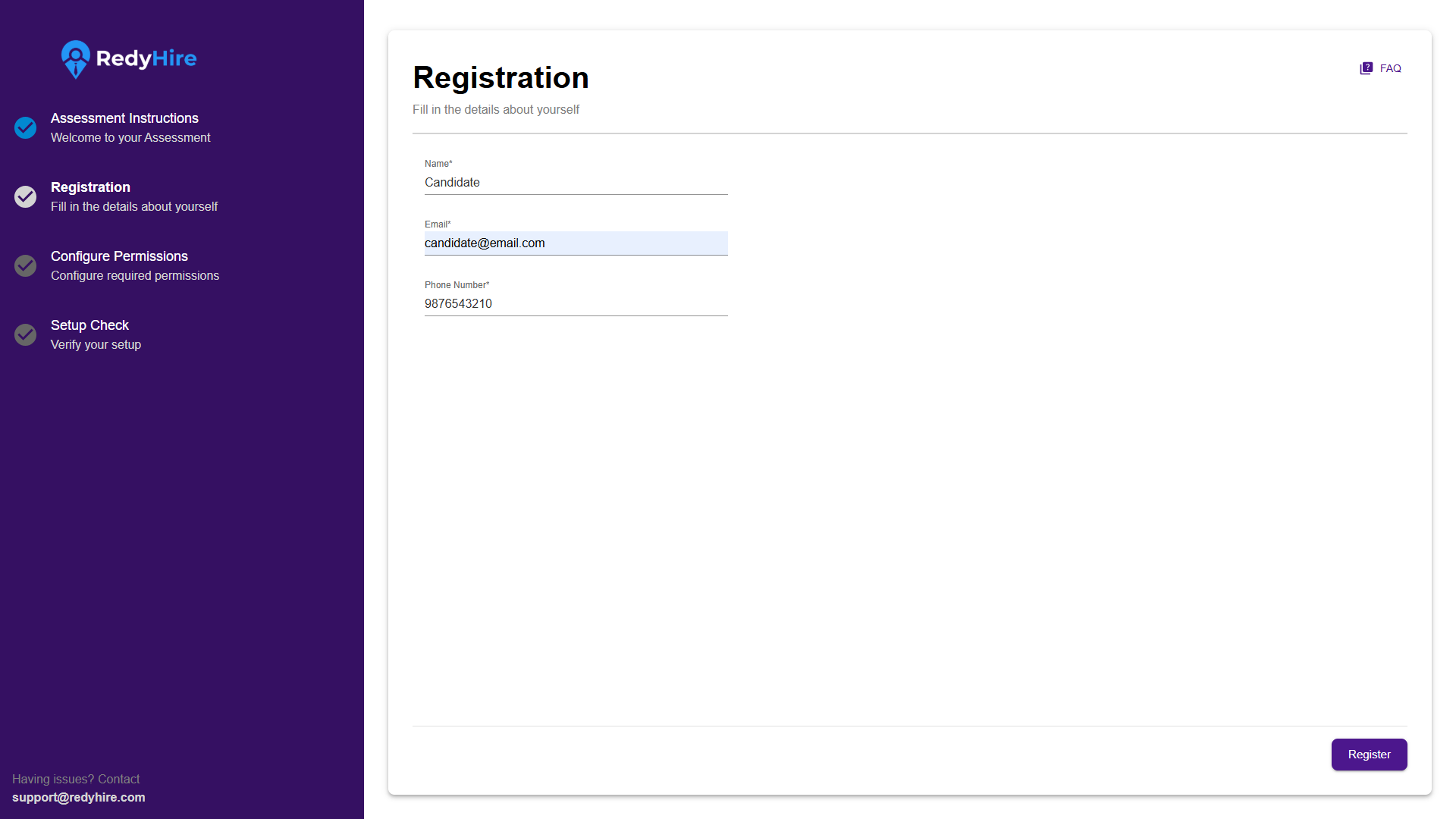 Registration page showing fields for name, email, and phone number.