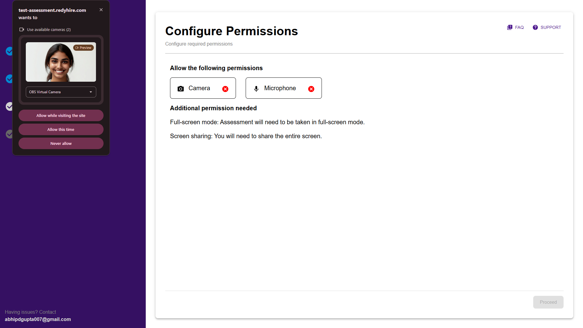 Configure Permissions screen with a browser pop-up asking for camera access.