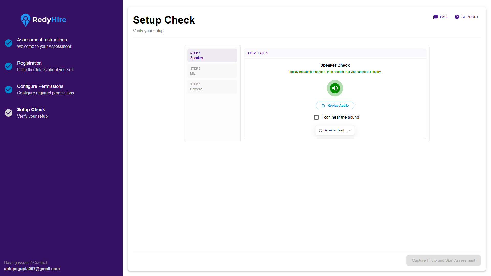 Setup Check speaker screen with replay audio and confirmation checkbox.