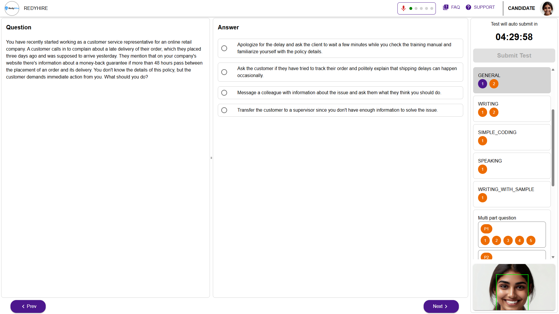 Assessment question screen with a prompt, answer options, timer, and question navigator.