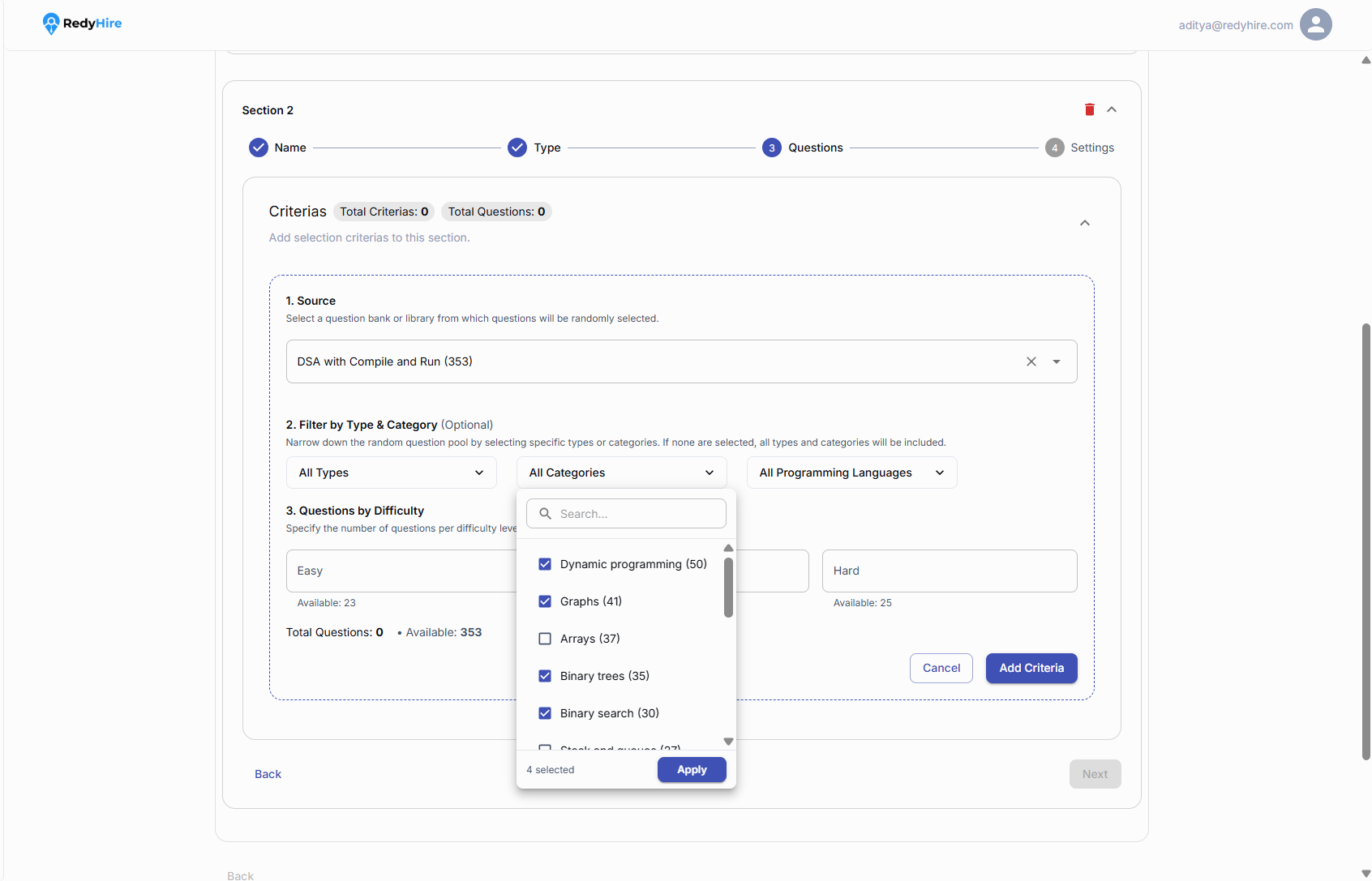Coding criteria form with question bank, category filters, and programming language options.