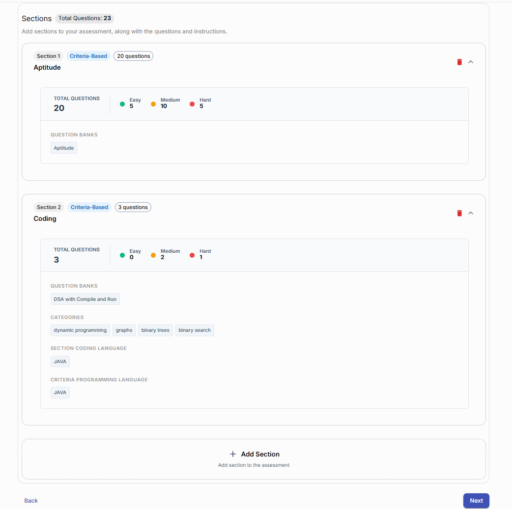 Assessment sections summary showing Aptitude and Coding sections with their question details.