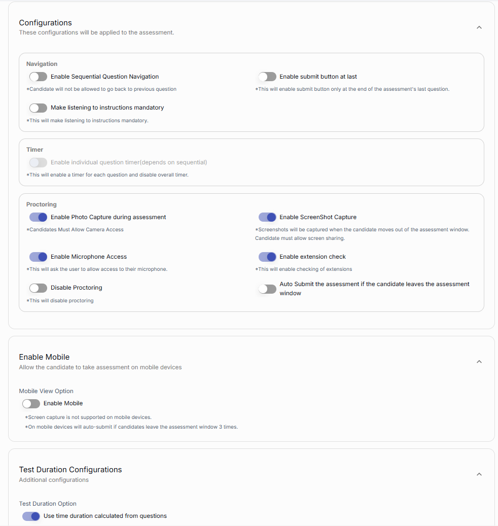 Assessment configuration screen with navigation, timer, proctoring, mobile, and duration settings.