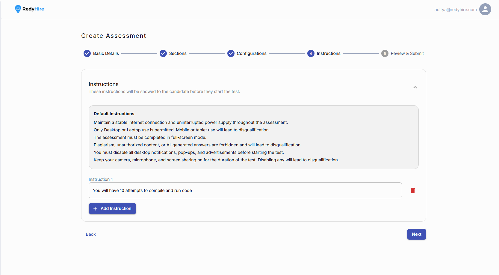 Assessment Instructions screen showing default instructions and a custom instruction field.