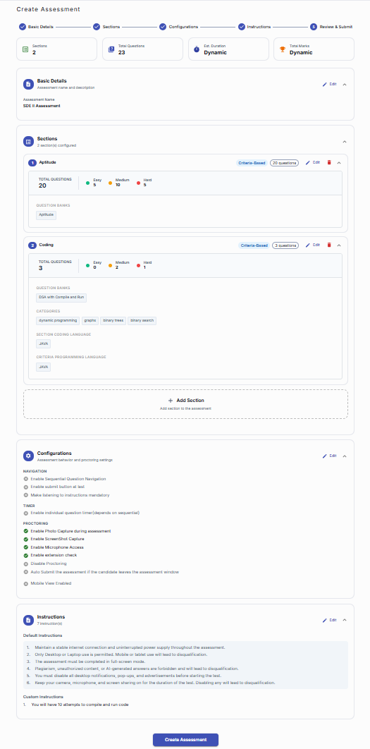 Assessment review and submit page summarizing details, sections, configurations, and instructions.