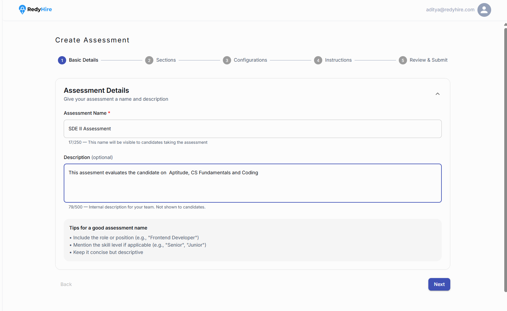 Create Assessment basic details form with name and description fields.