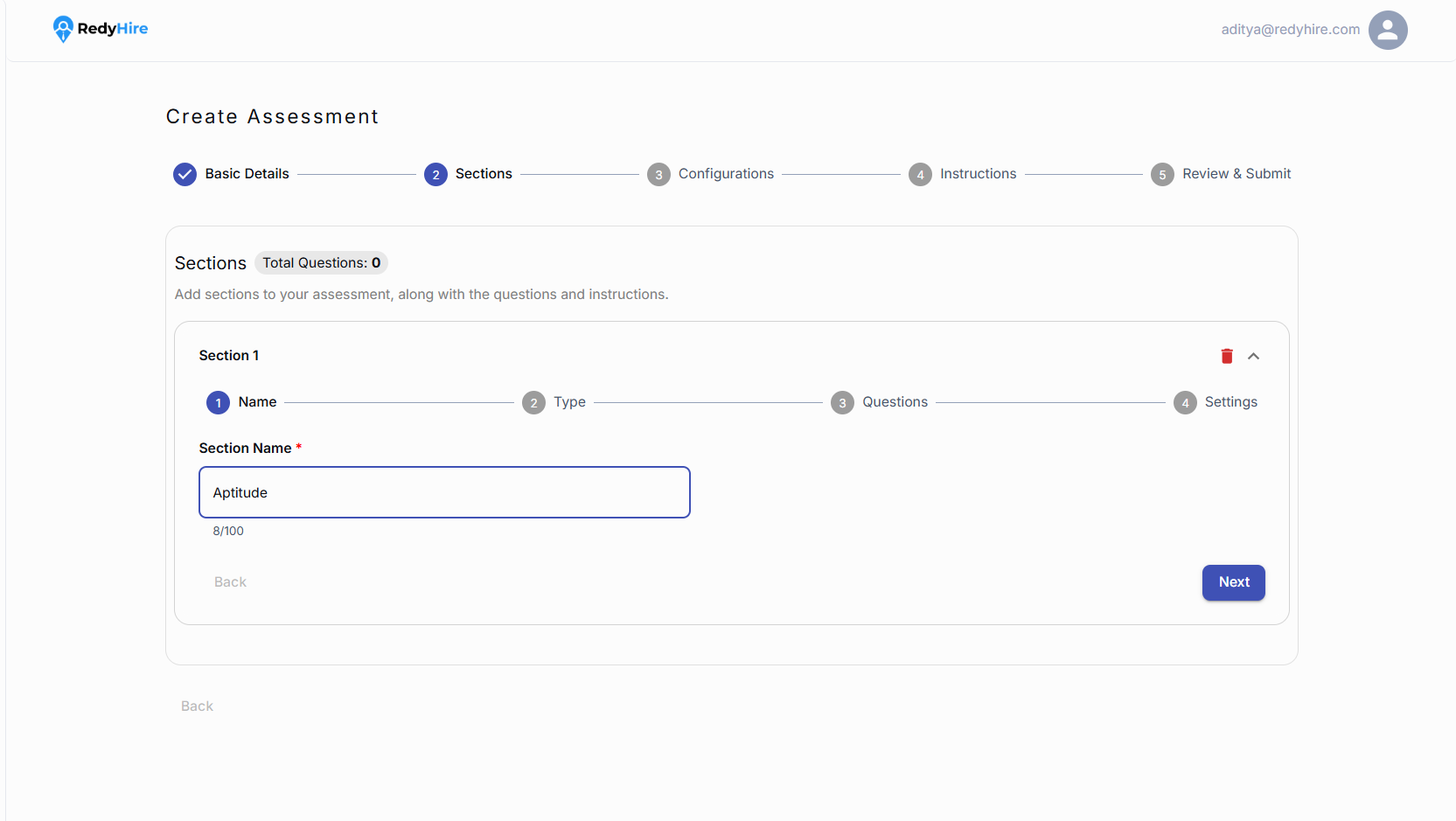 Assessment section setup with the Section Name field.