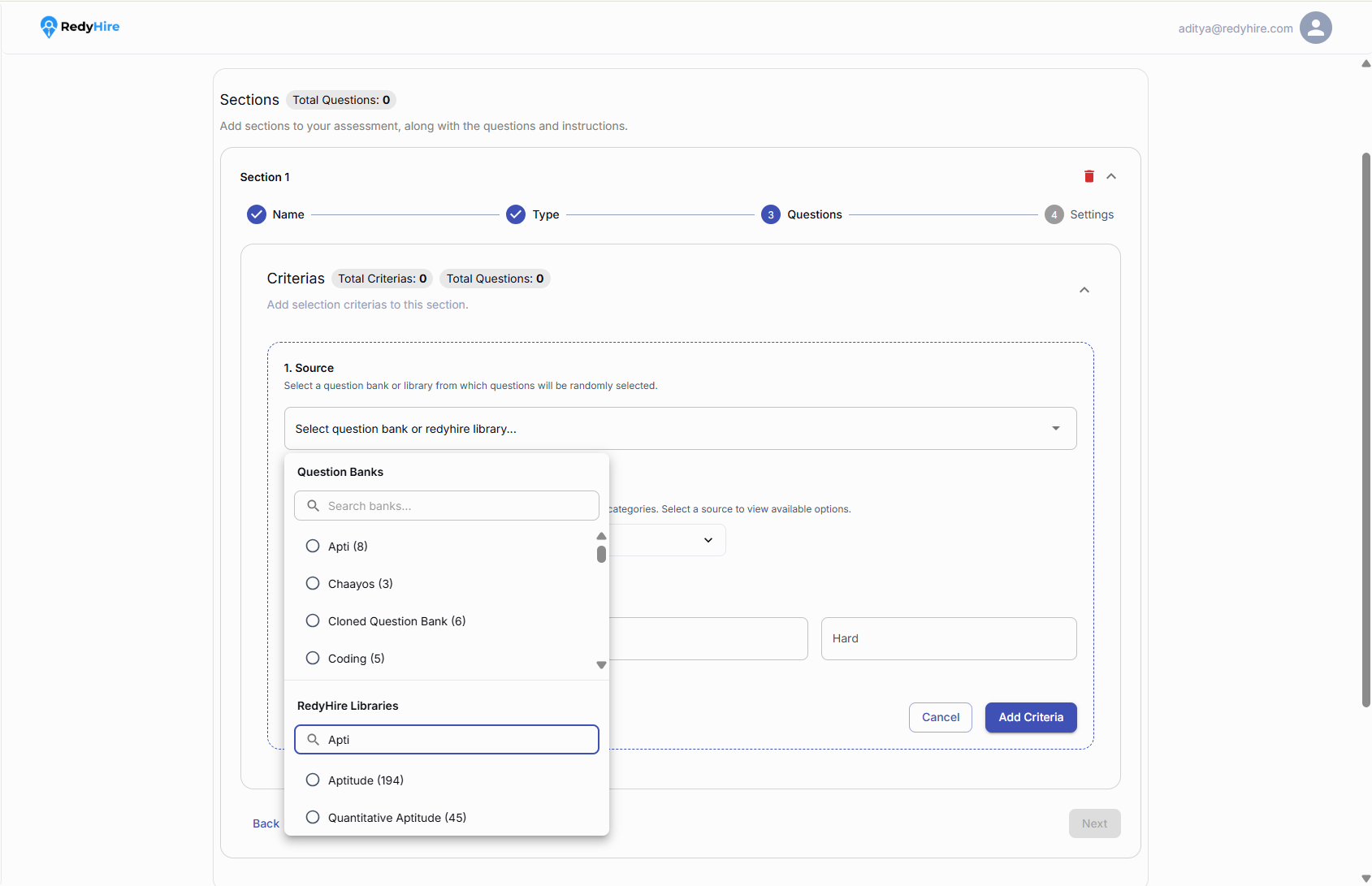 Question source selector showing question banks and RedyHire libraries.
