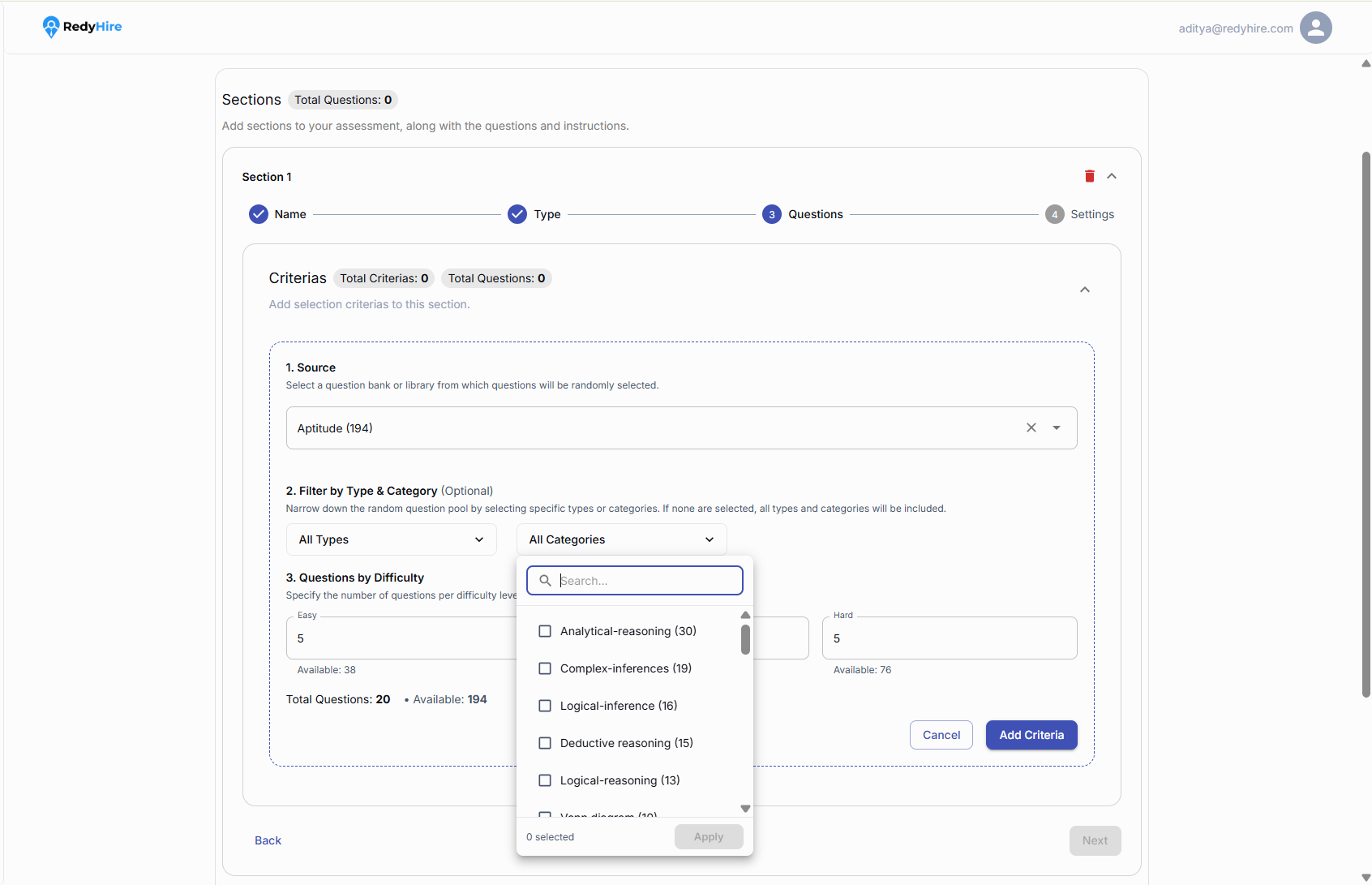 Question criteria form with source, category filters, and difficulty counts.
