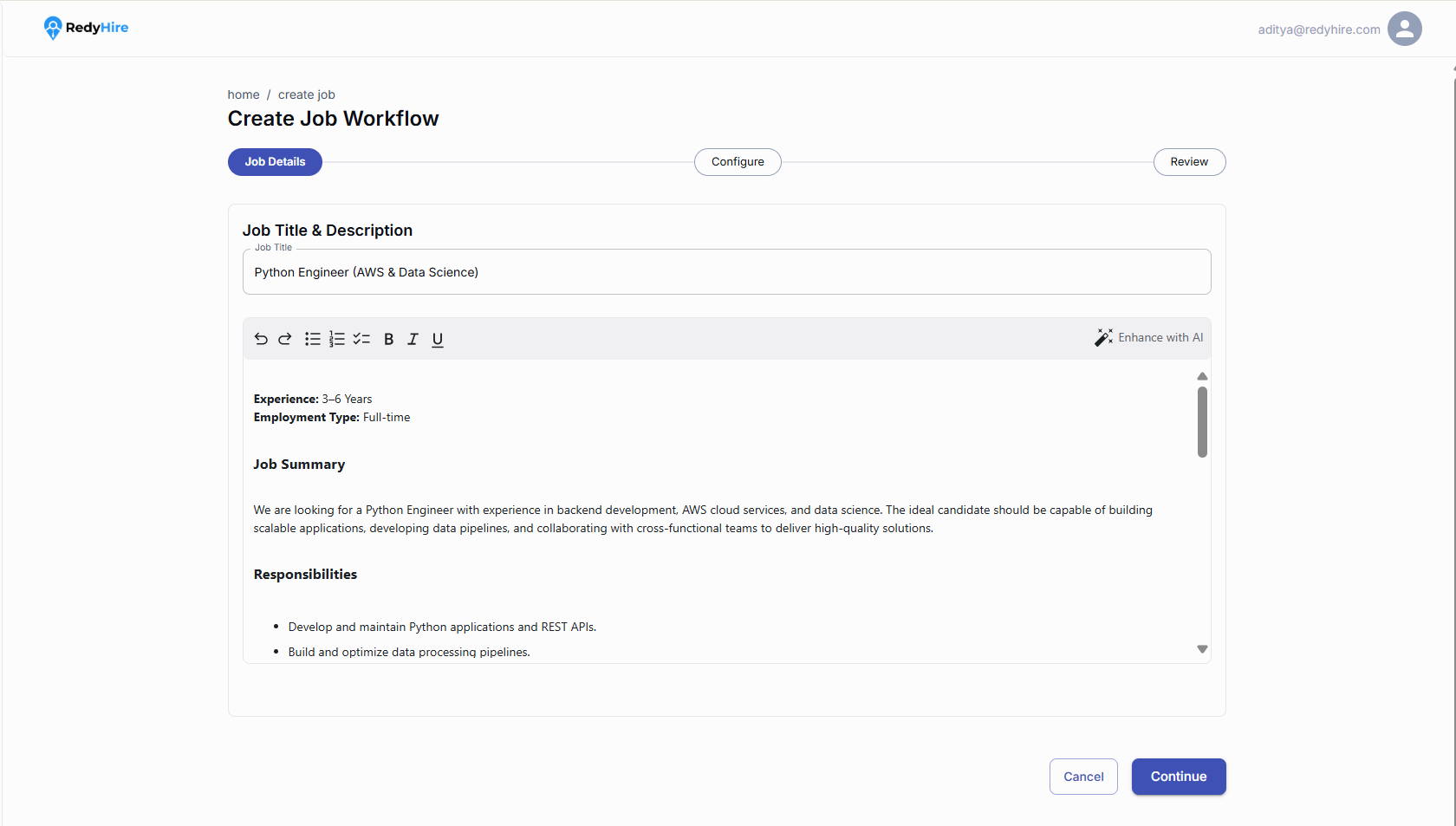 Create Job Workflow with job title, formatted description, and Enhance with AI control.