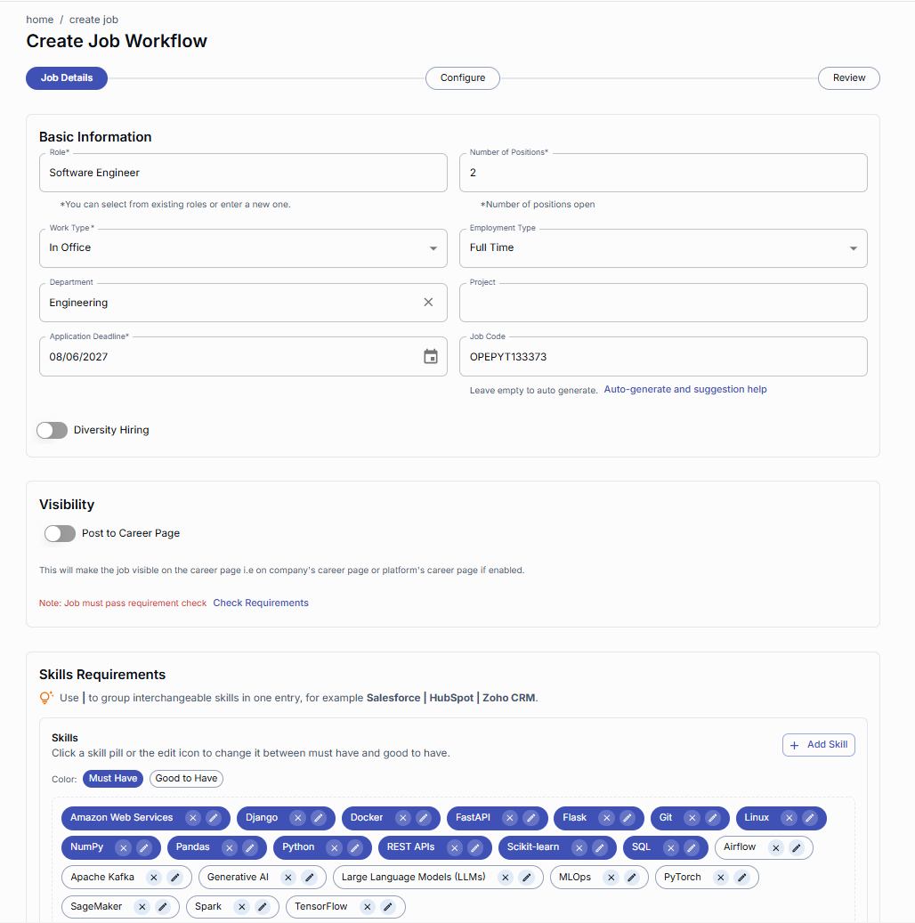 Basic Information form with role, openings, work type, employment type, department, deadline, and job code.
