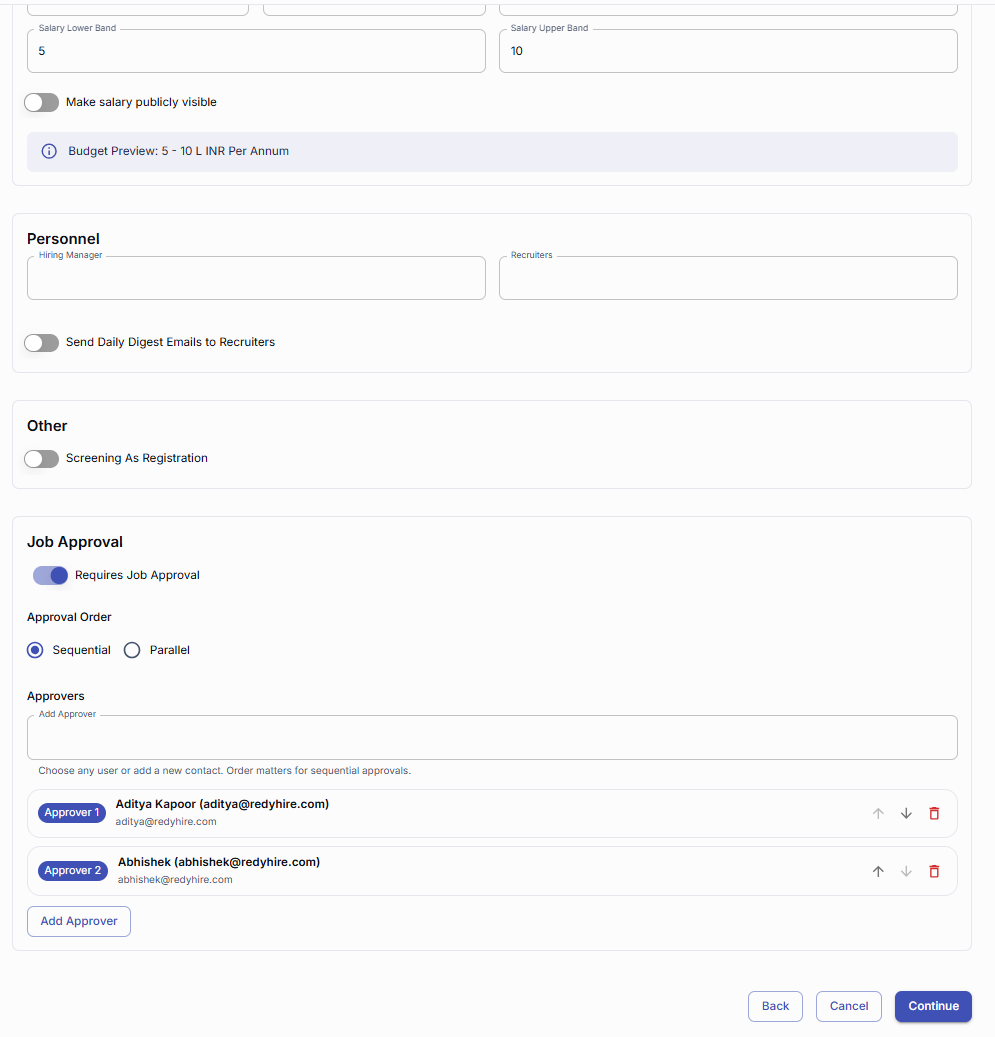 Job creation settings showing personnel, other options, and job approval configuration.