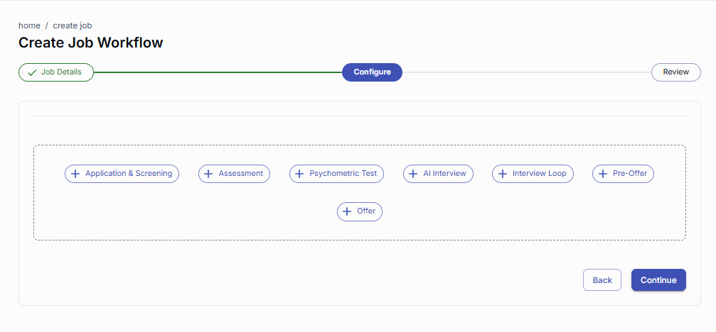 Custom hiring workflow stage selector with buttons for application, assessment, interview, pre-offer, and offer stages.