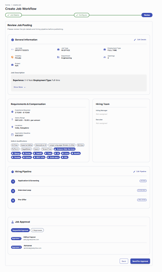 Review Job Posting screen summarizing job details, requirements, hiring pipeline, and approval settings.